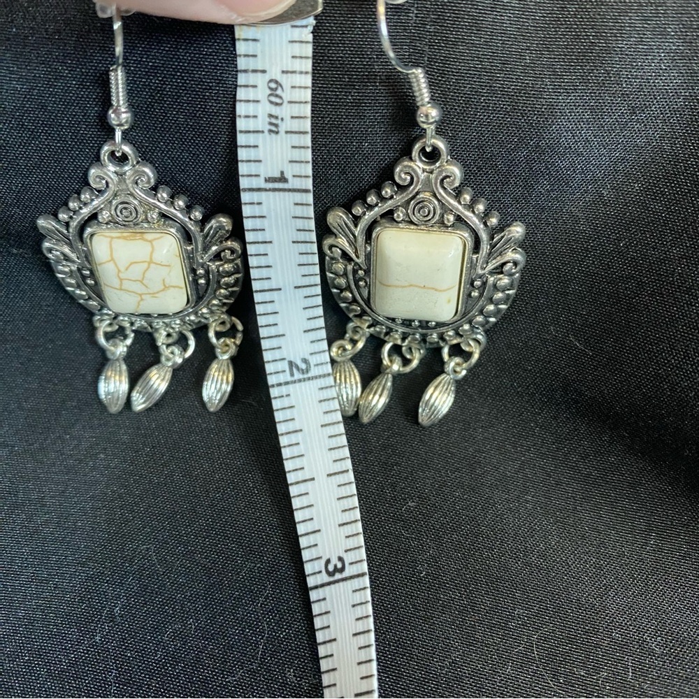Boho Silver Filigree Dangle Earrings with Cream Stone - Picture 3 of 3